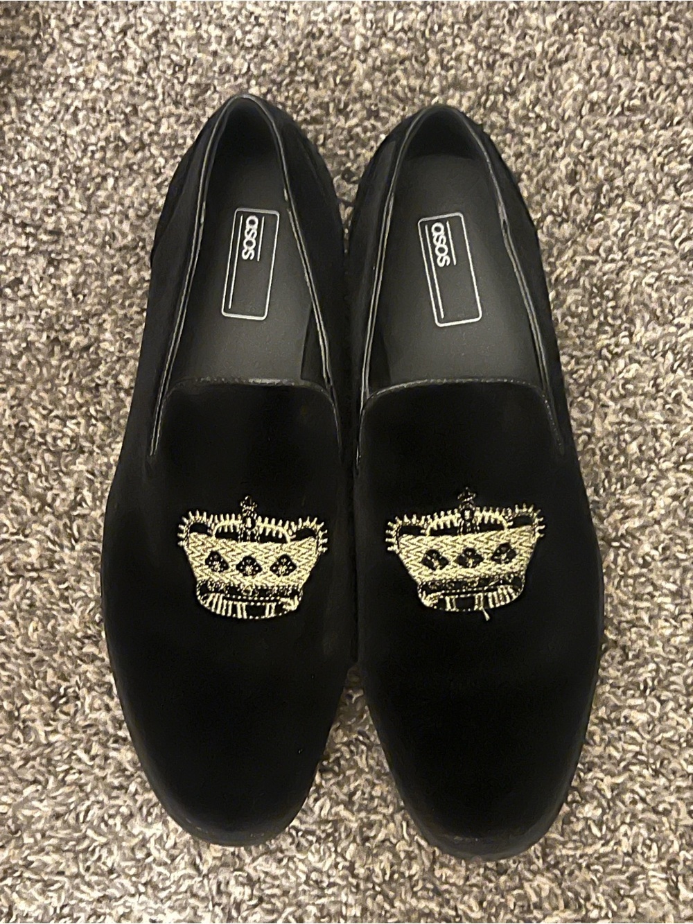 ASOS Black Velvet Loafers with Gold Crown Embroidery